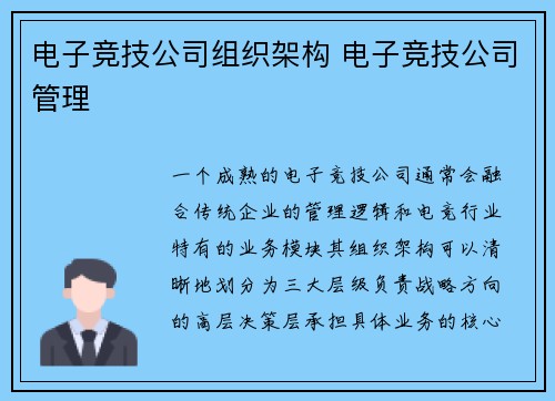 电子竞技公司组织架构 电子竞技公司管理